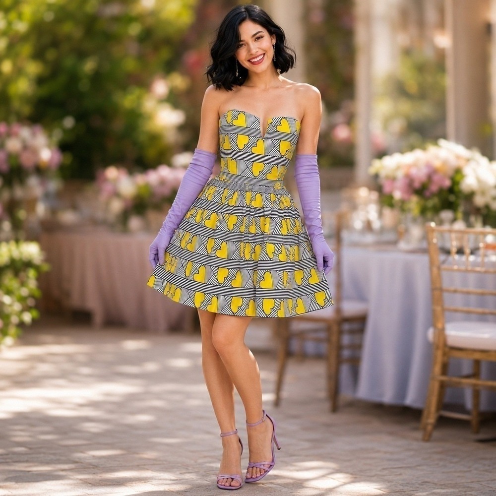 NWT Mini Dress Strapless Heart Print Yellow Black White Retro Mod Whimsical S